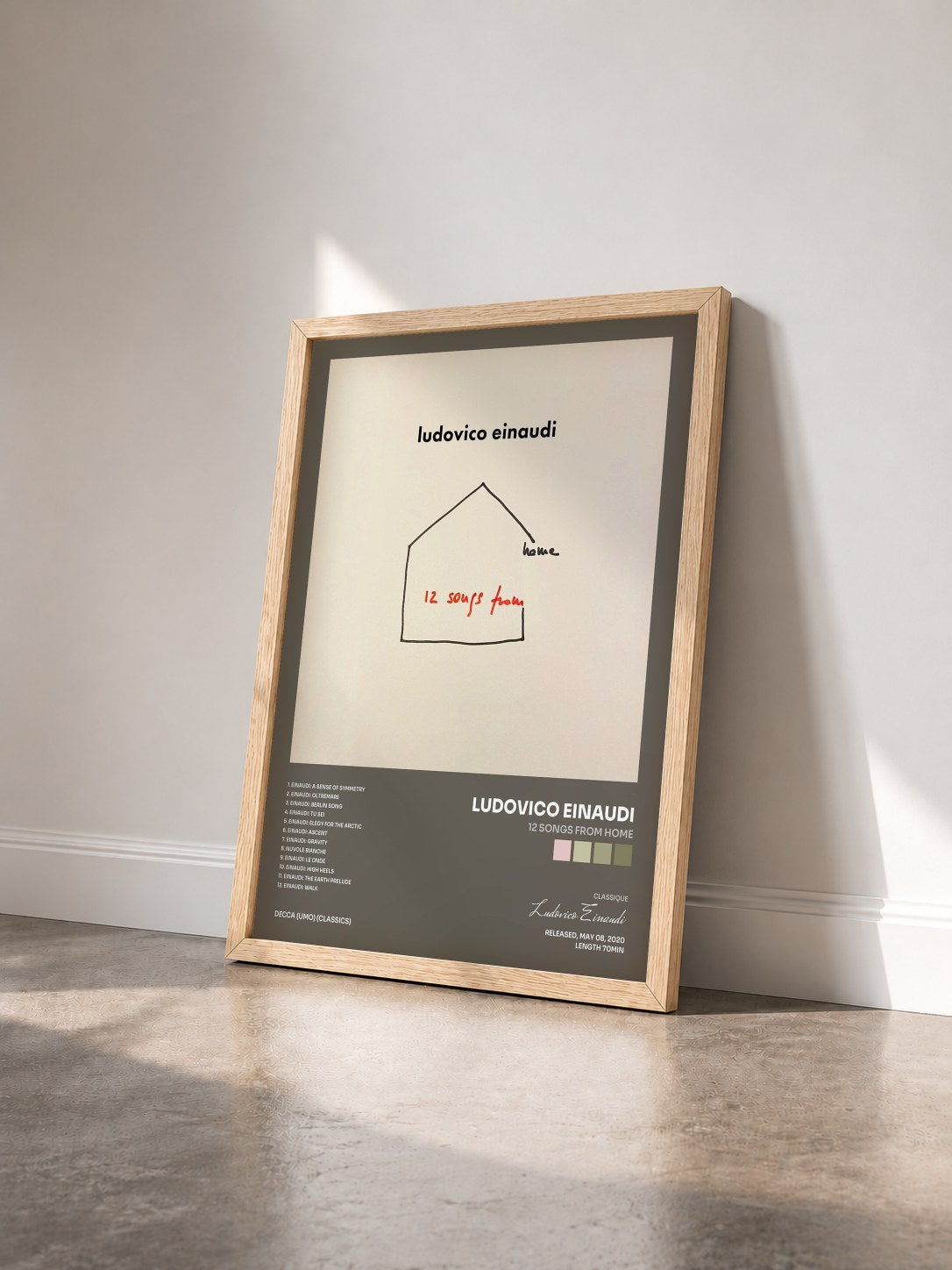 #bois Tableau de l'album 12 Songs From Home de Ludovico Einaudi vu de trois quarts, cadre en bois brut