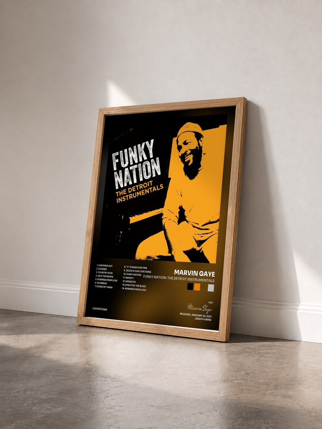 #bois Tableau de l'album Funky Nation: The Detroit Instrumentals de Marvin Gaye vu de trois quarts, cadre en bois brut