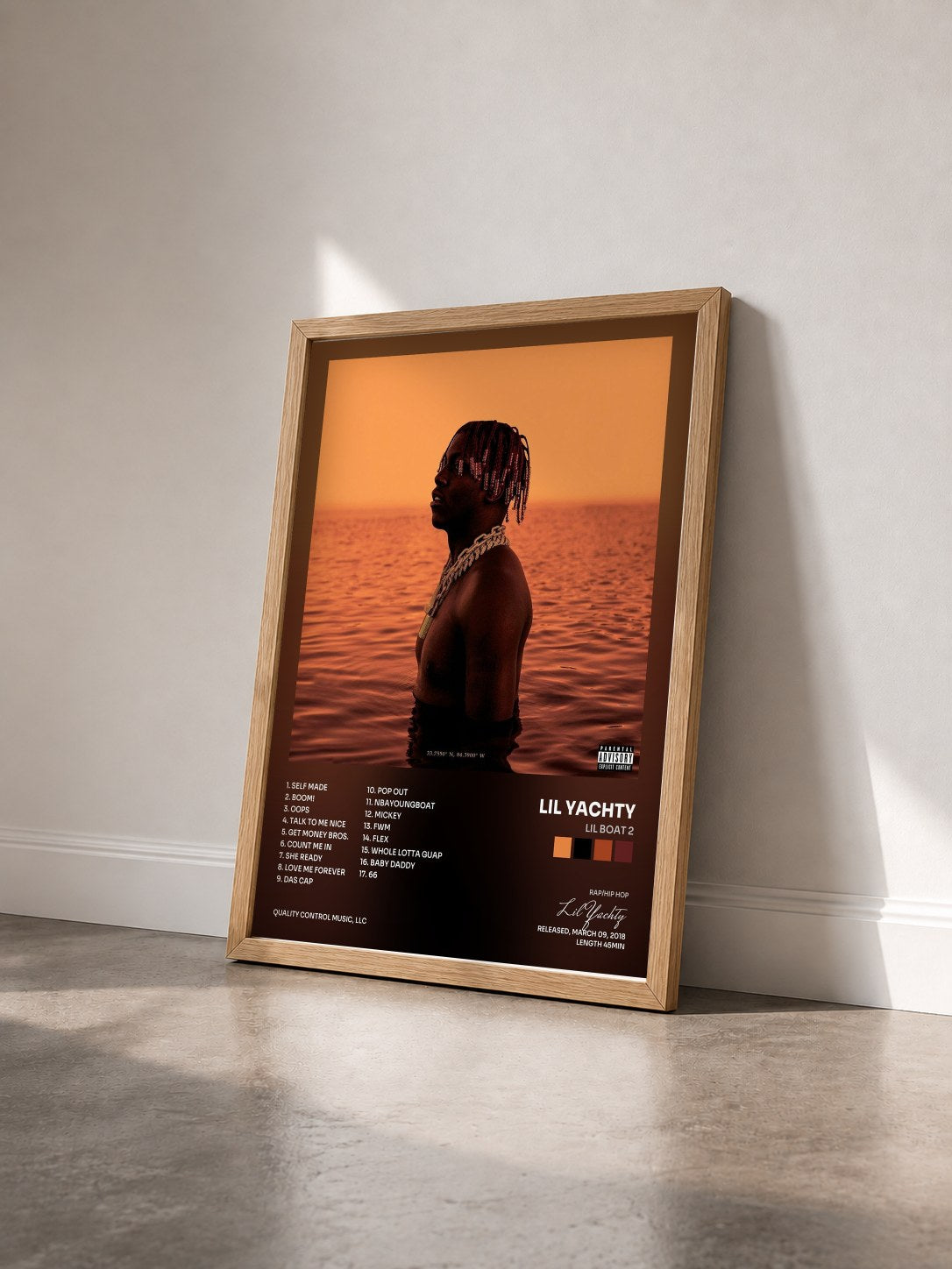 #bois Tableau de l'album Lil Boat 2 de Lil Yachty vu de trois quarts, cadre en bois brut