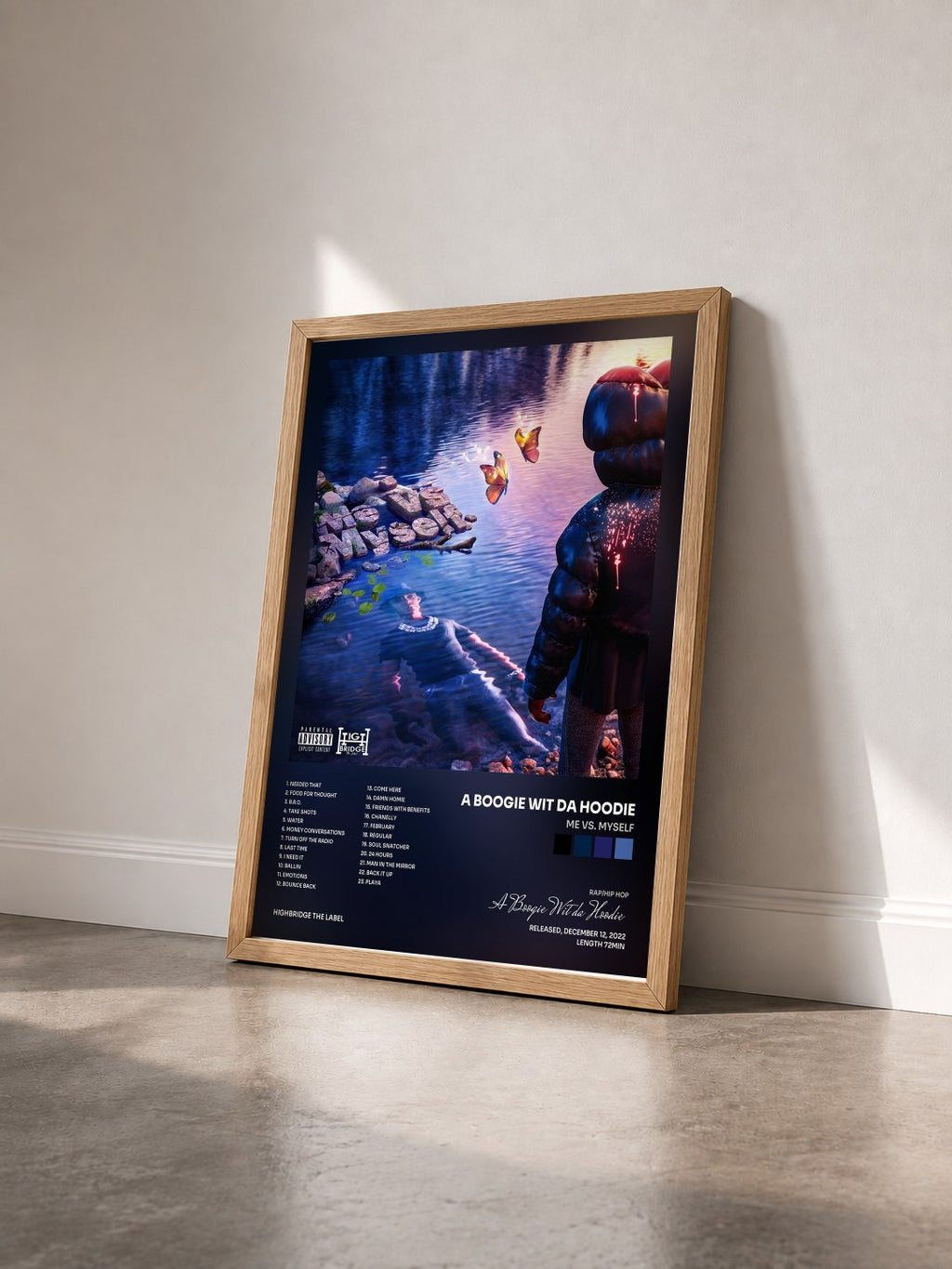 #bois Tableau de l'album Me vs. Myself de A Boogie Wit da Hoodie vu de trois quarts, cadre en bois brut