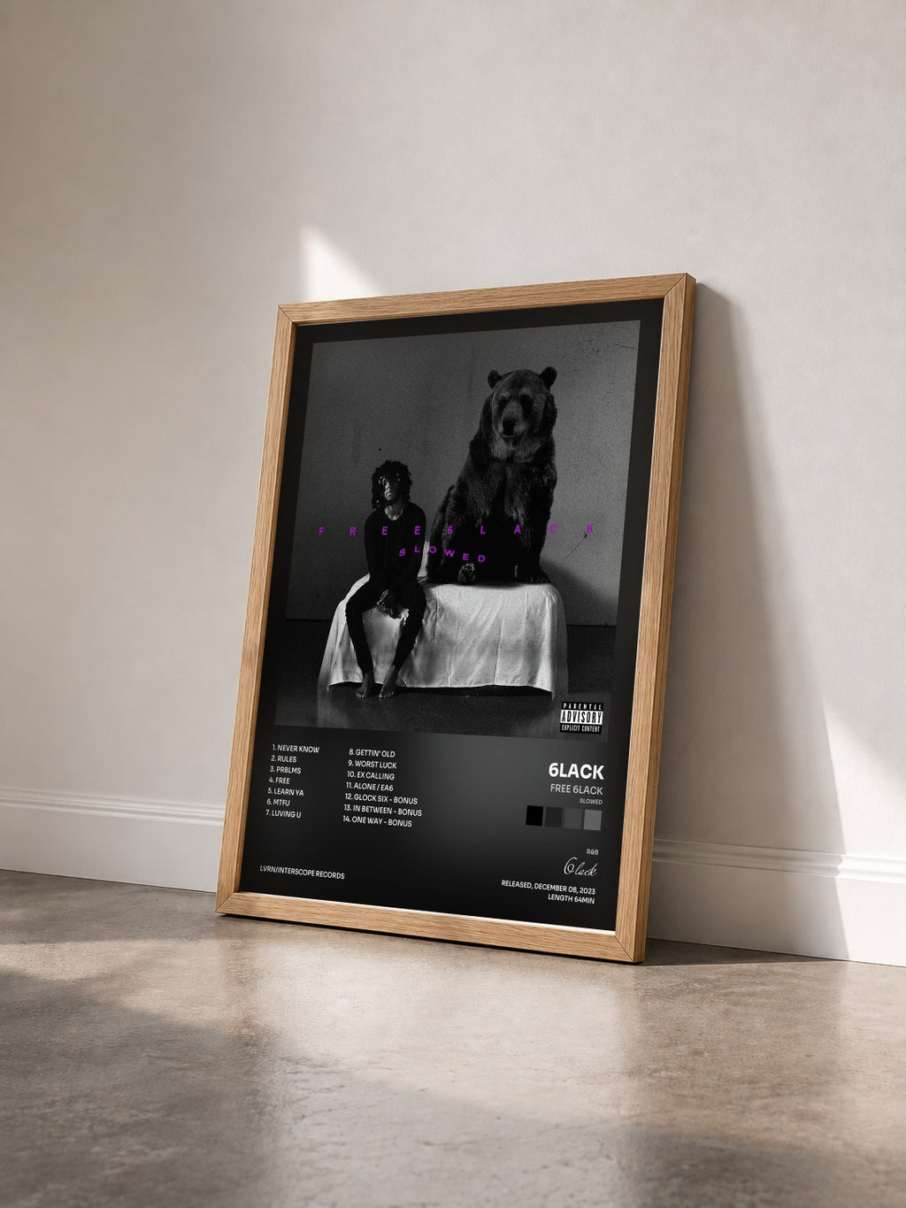 #bois Tableau de l'album FREE 6LACK (Slowed) de 6lack vu de trois quarts, cadre en bois brut