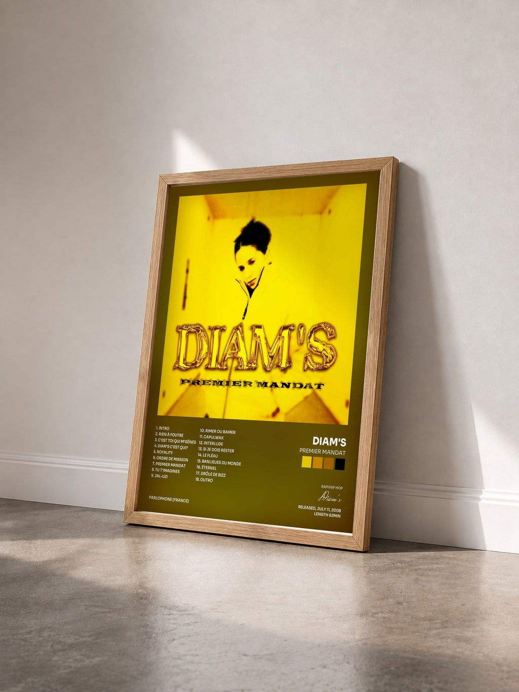 #bois Tableau de l'album Premier mandat de Diam's vu de trois quarts, cadre en bois brut