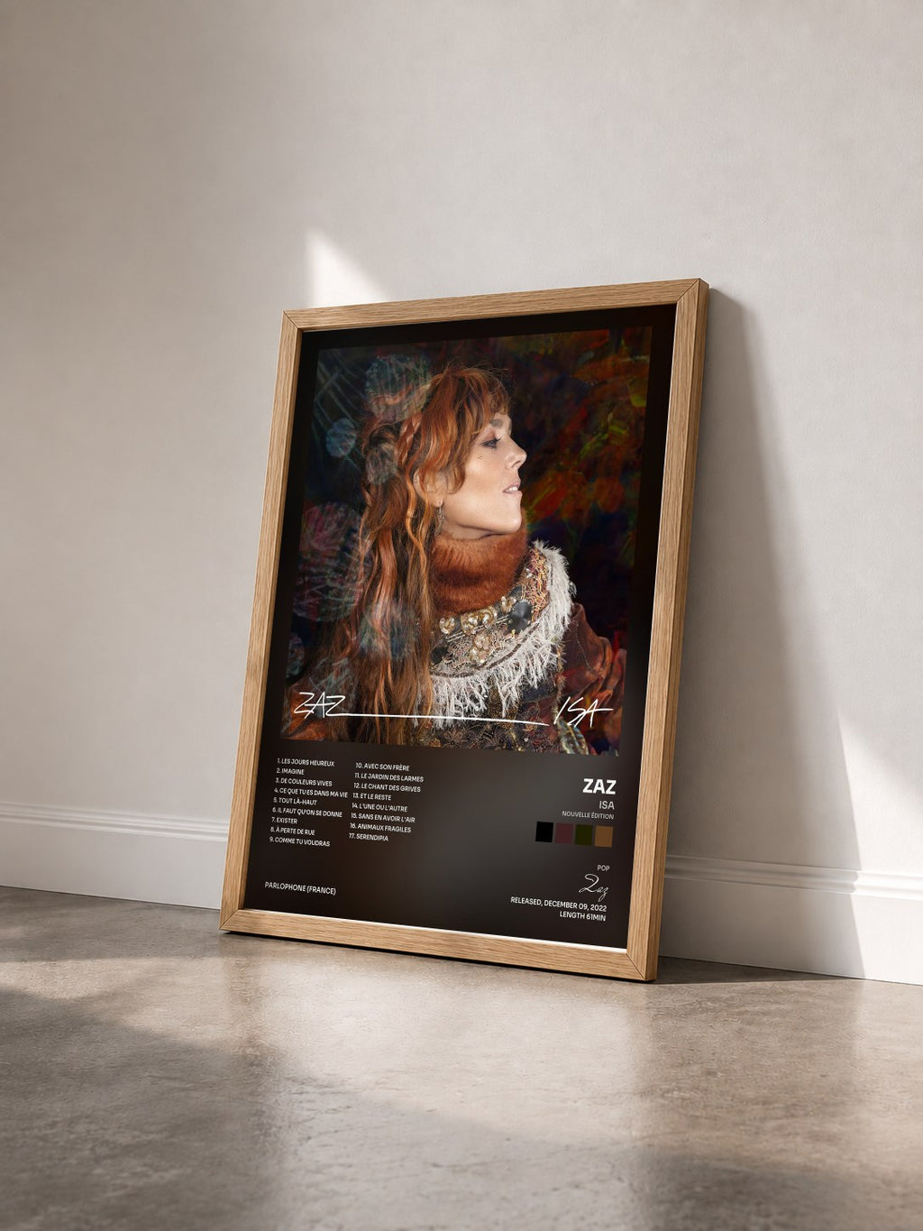 #bois Tableau de l'album Isa (Nouvelle édition) de Zaz vu de trois quarts, cadre en bois brut