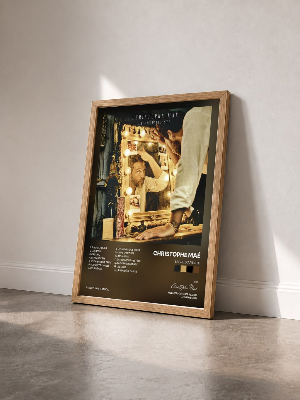 #bois Tableau de l'album La vie d'artiste de Christophe Maé vu de trois quarts, cadre en bois brut