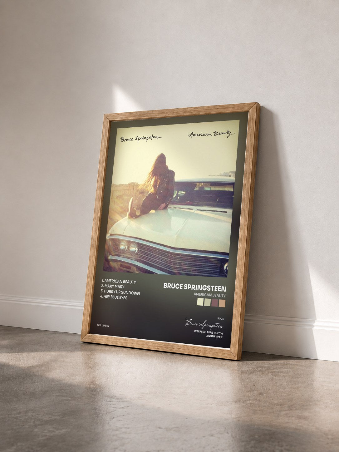 #bois Tableau de l'album American Beauty de Bruce Springsteen vu de trois quarts, cadre en bois brut