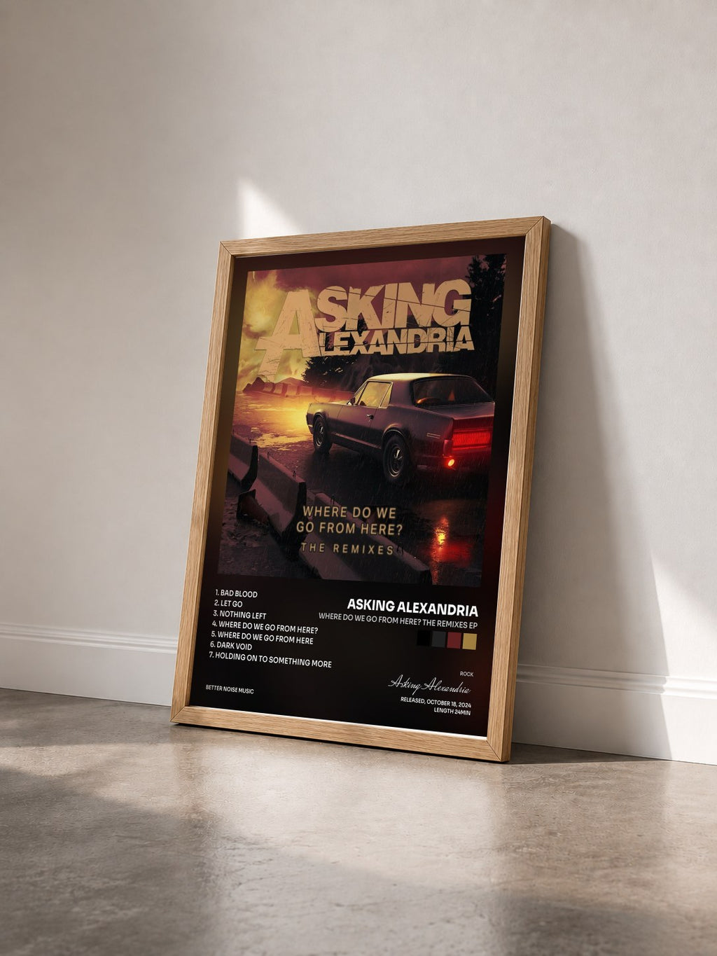 #bois Tableau de l'album Where Do We Go From Here? The Remixes EP de Asking Alexandria vu de trois quarts, cadre en bois brut