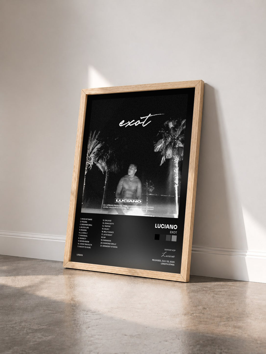#bois Tableau de l'album EXOT de Luciano vu de trois quarts, cadre en bois brut