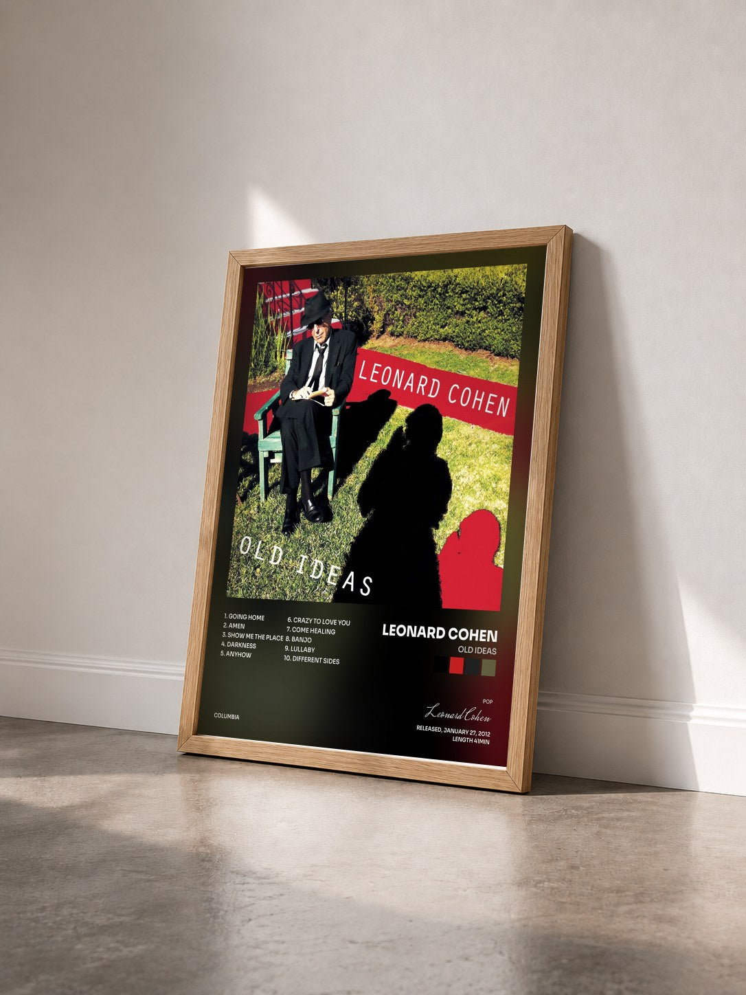 #bois Tableau de l'album Old Ideas de Leonard Cohen vu de trois quarts, cadre en bois brut