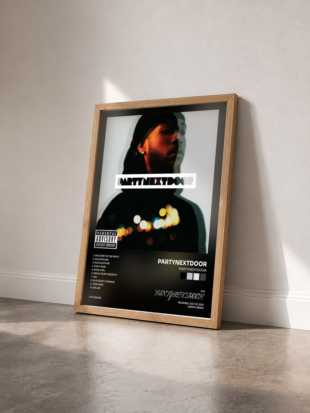 #bois Tableau de l'album PARTYNEXTDOOR de PARTYNEXTDOOR vu de trois quarts, cadre en bois brut