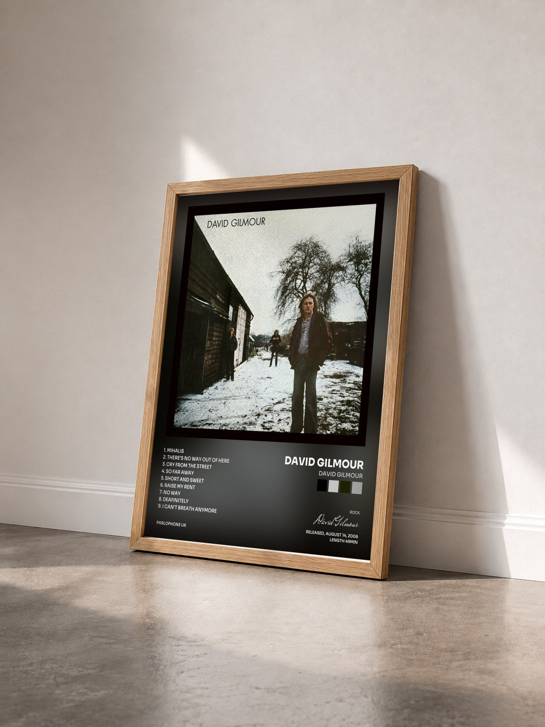 #bois Tableau de l'album David Gilmour de David Gilmour vu de trois quarts, cadre en bois brut