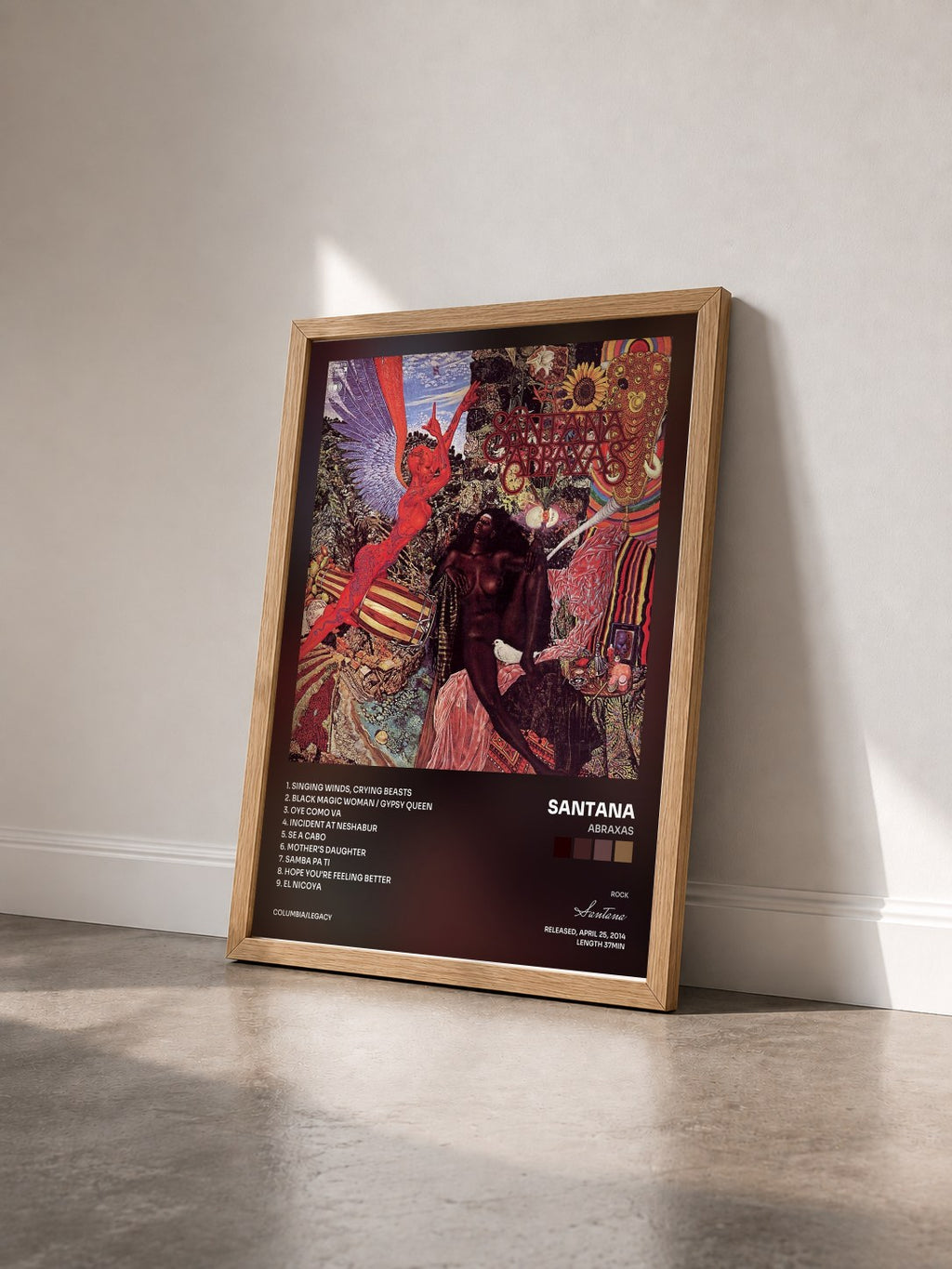#bois Tableau de l'album Abraxas de Santana vu de trois quarts, cadre en bois brut