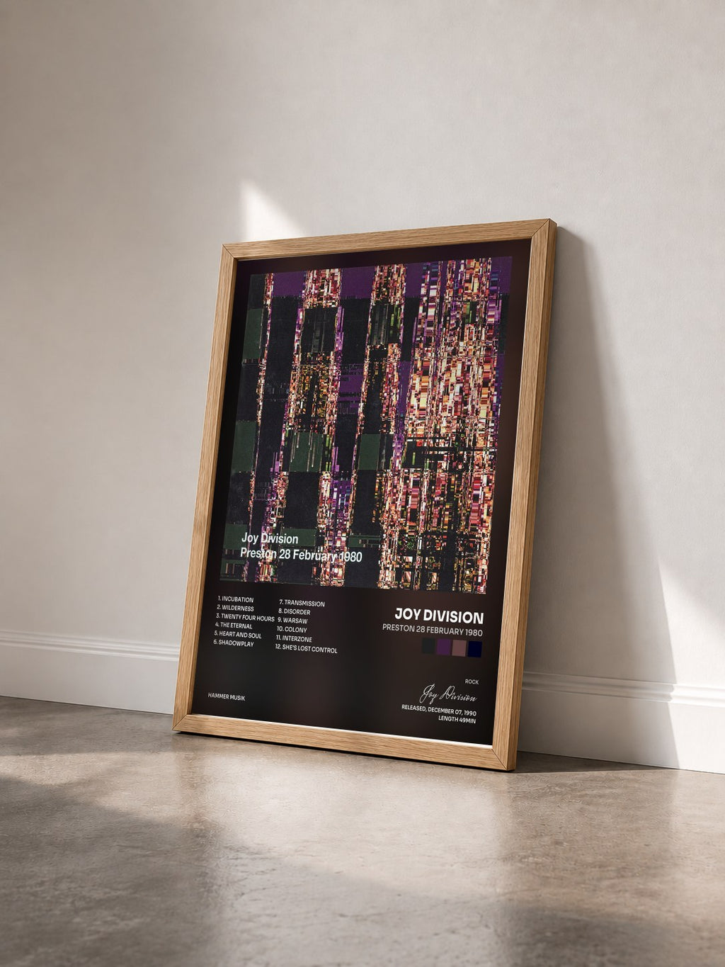 #bois Tableau de l'album Preston 28 February 1980 de Joy Division vu de trois quarts, cadre en bois brut