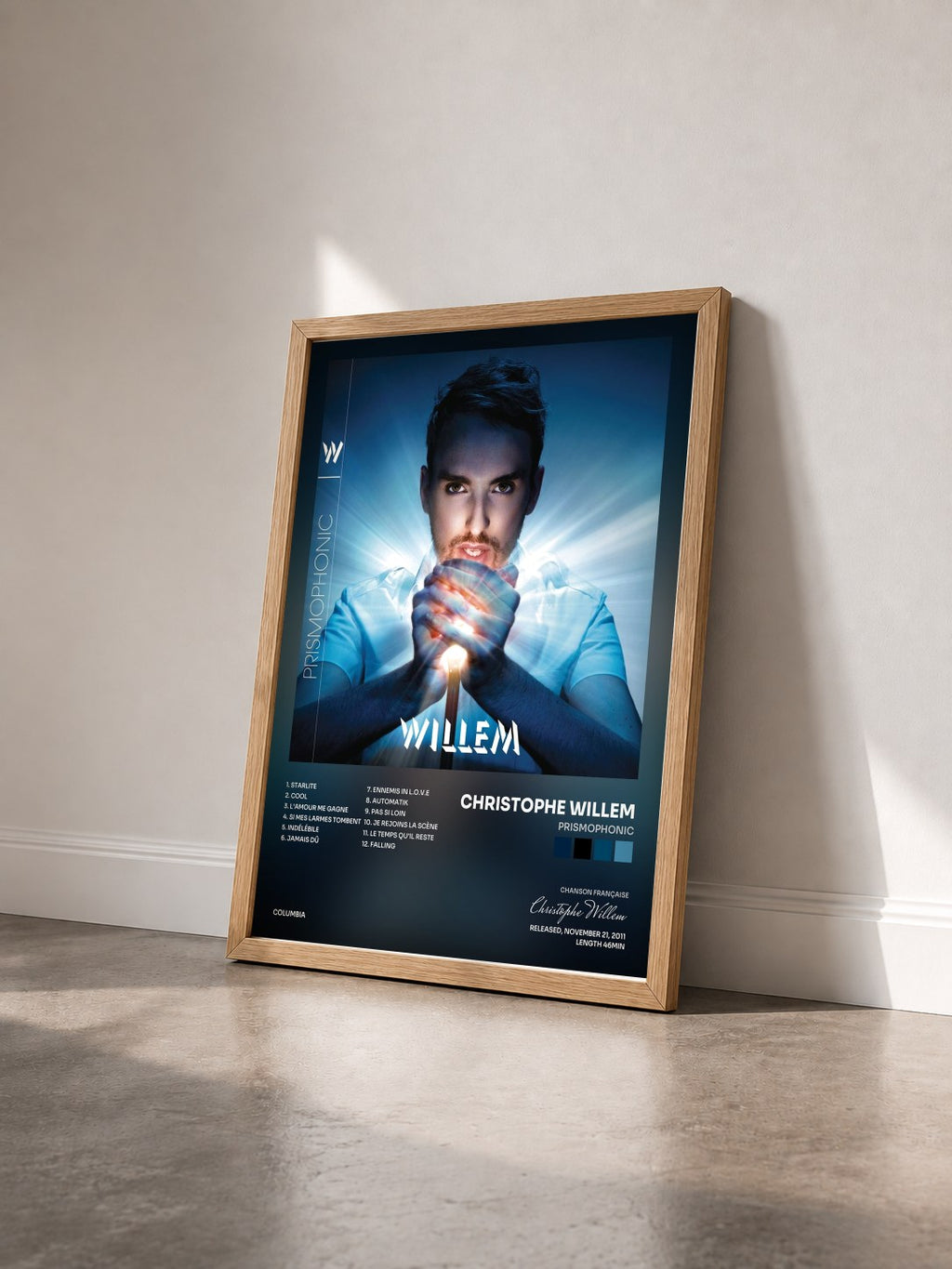 #bois Tableau de l'album Prismophonic de Christophe Willem vu de trois quarts, cadre en bois brut