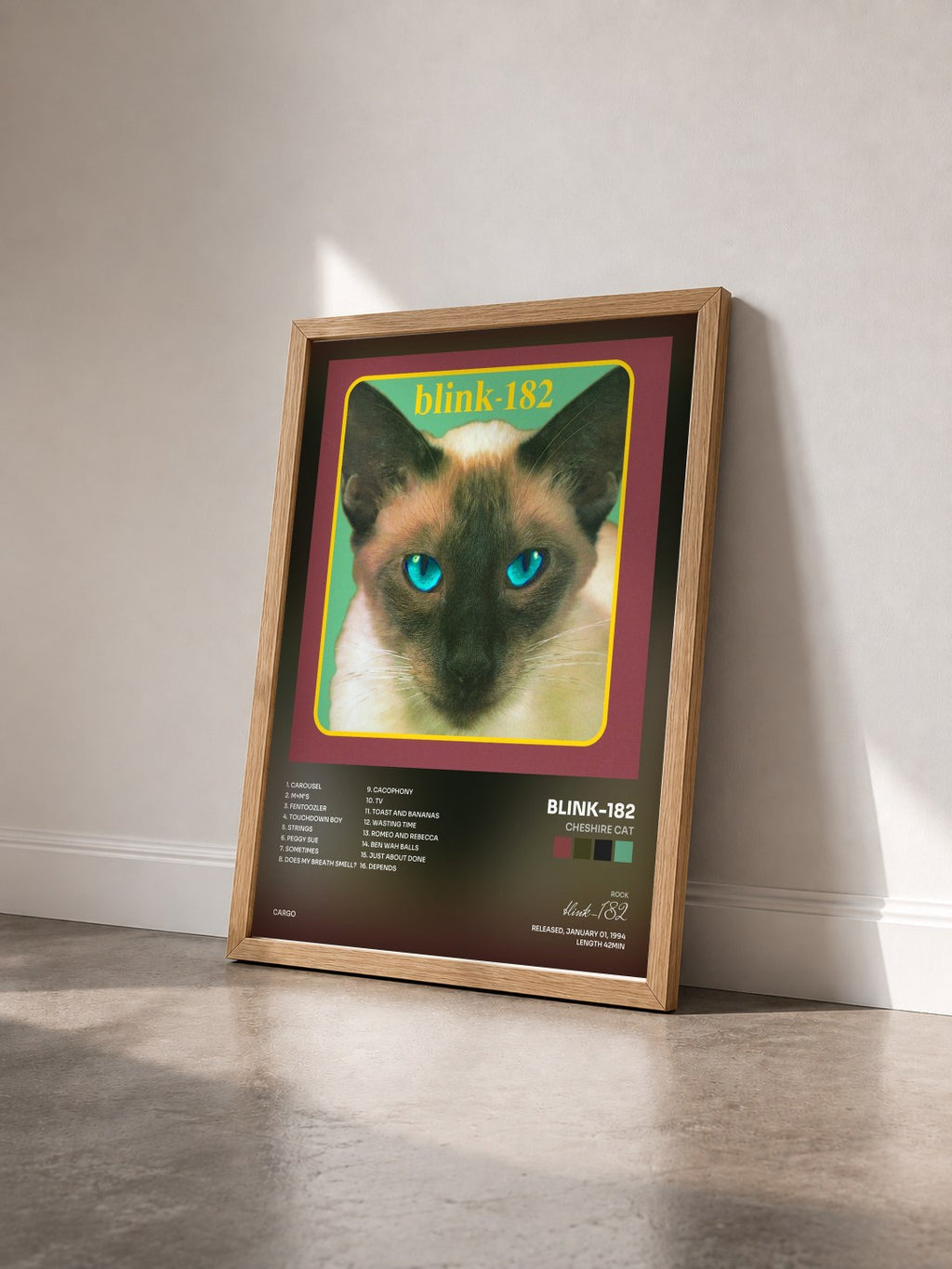#bois Tableau de l'album Cheshire Cat de blink-182 vu de trois quarts, cadre en bois brut