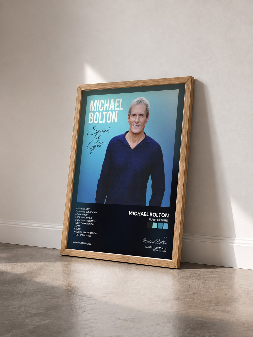 #bois Tableau de l'album Spark of Light de Michael Bolton vu de trois quarts, cadre en bois brut