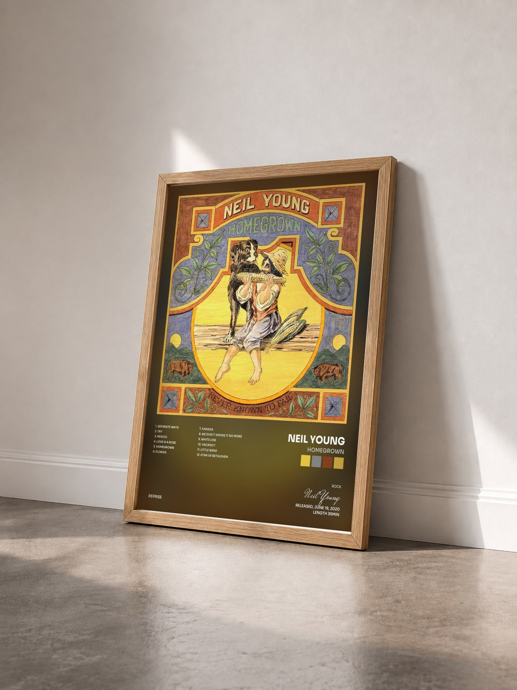 #bois Tableau de l'album Homegrown de Neil Young vu de trois quarts, cadre en bois brut