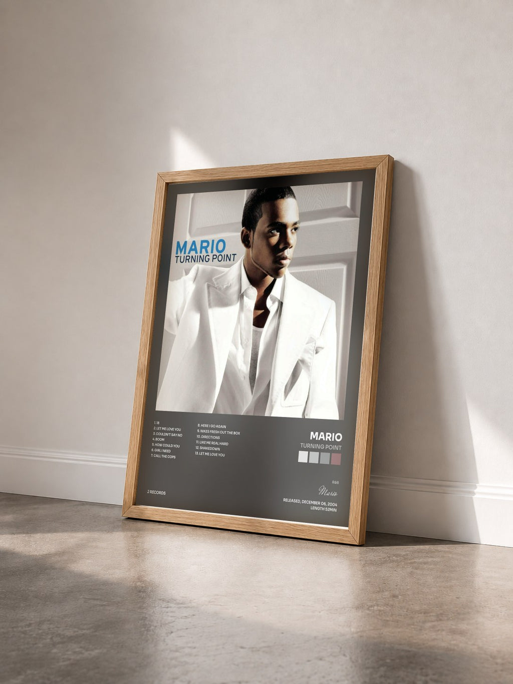 #bois Tableau de l'album Turning Point de Mario vu de trois quarts, cadre en bois brut