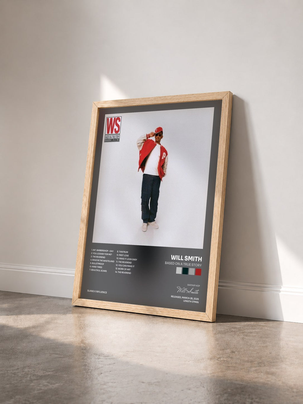 #bois Tableau de l'album Based on a True Story de Will Smith vu de trois quarts, cadre en bois brut