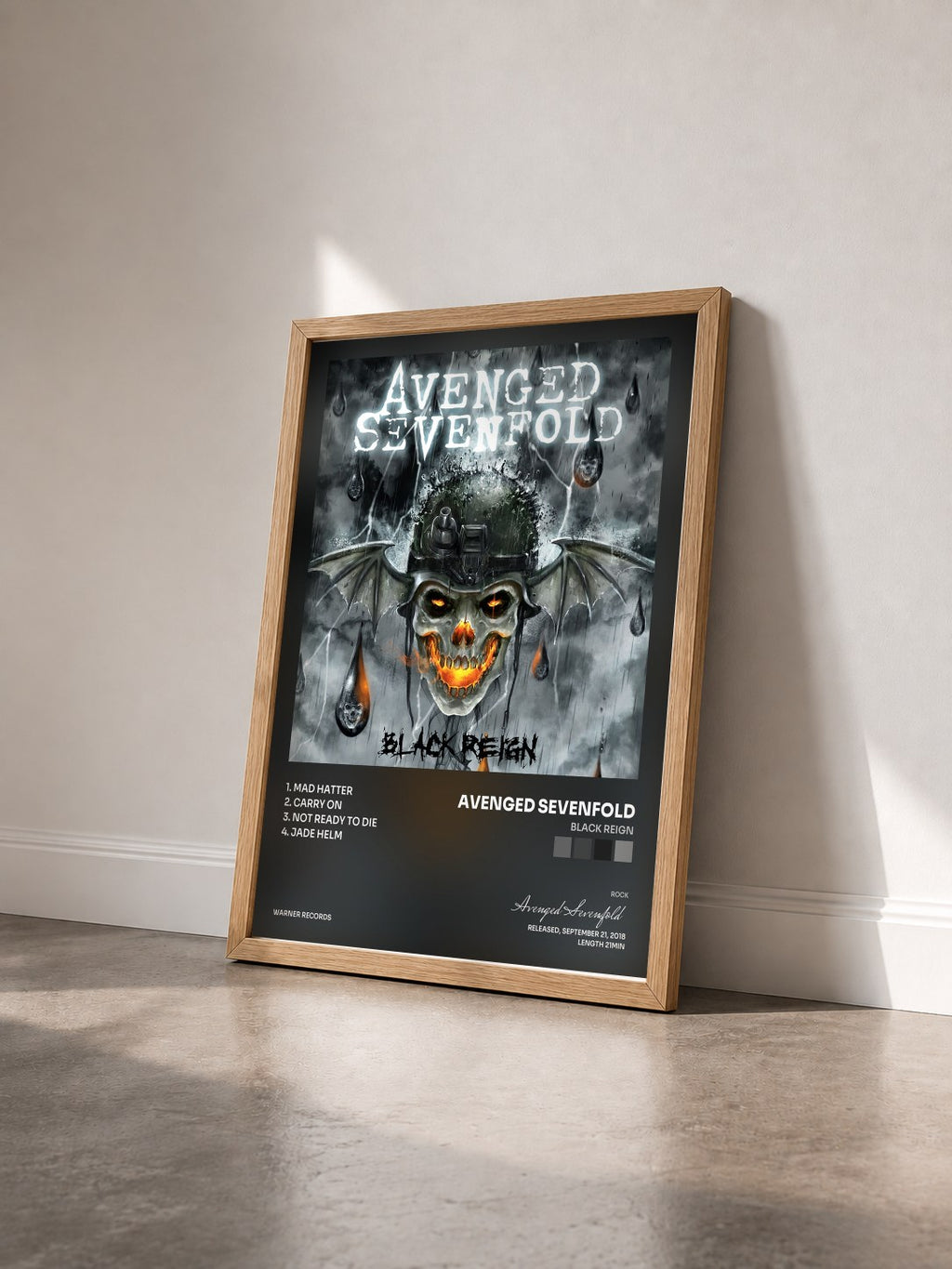 #bois Tableau de l'album Black Reign de Avenged Sevenfold vu de trois quarts, cadre en bois brut