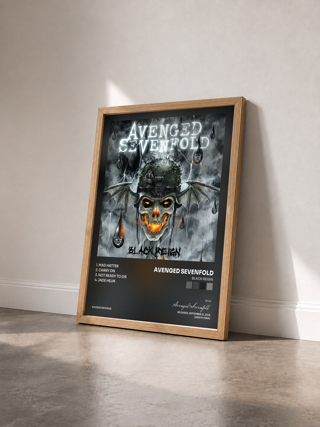 #bois Tableau de l'album Black Reign de Avenged Sevenfold vu de trois quarts, cadre en bois brut