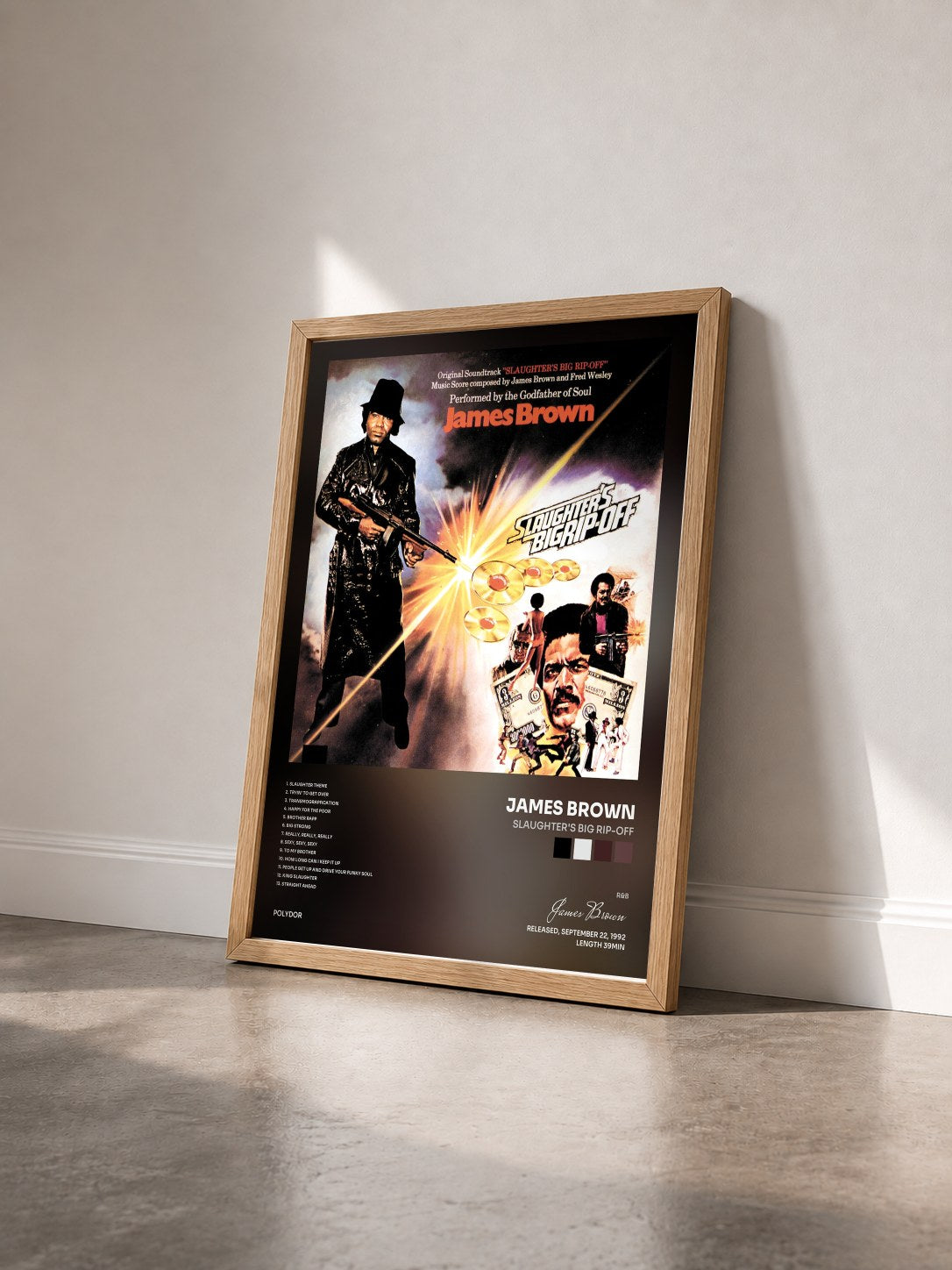 #bois Tableau de l'album Slaughter's Big Rip-Off de James Brown vu de trois quarts, cadre en bois brut