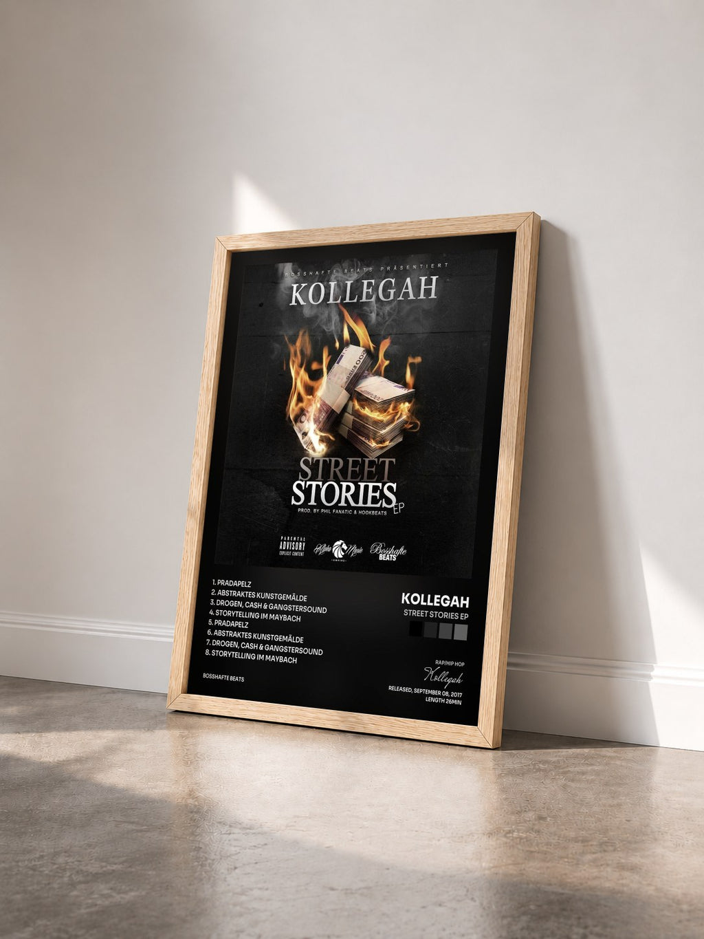 #bois Tableau de l'album Street Stories EP de Kollegah vu de trois quarts, cadre en bois brut