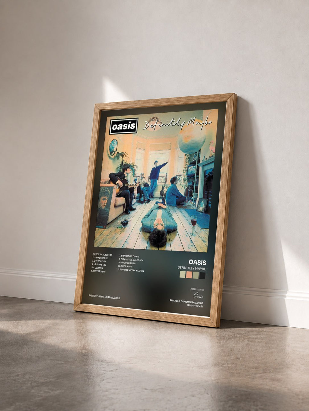 #bois Tableau de l'album Definitely Maybe de Oasis vu de trois quarts, cadre en bois brut