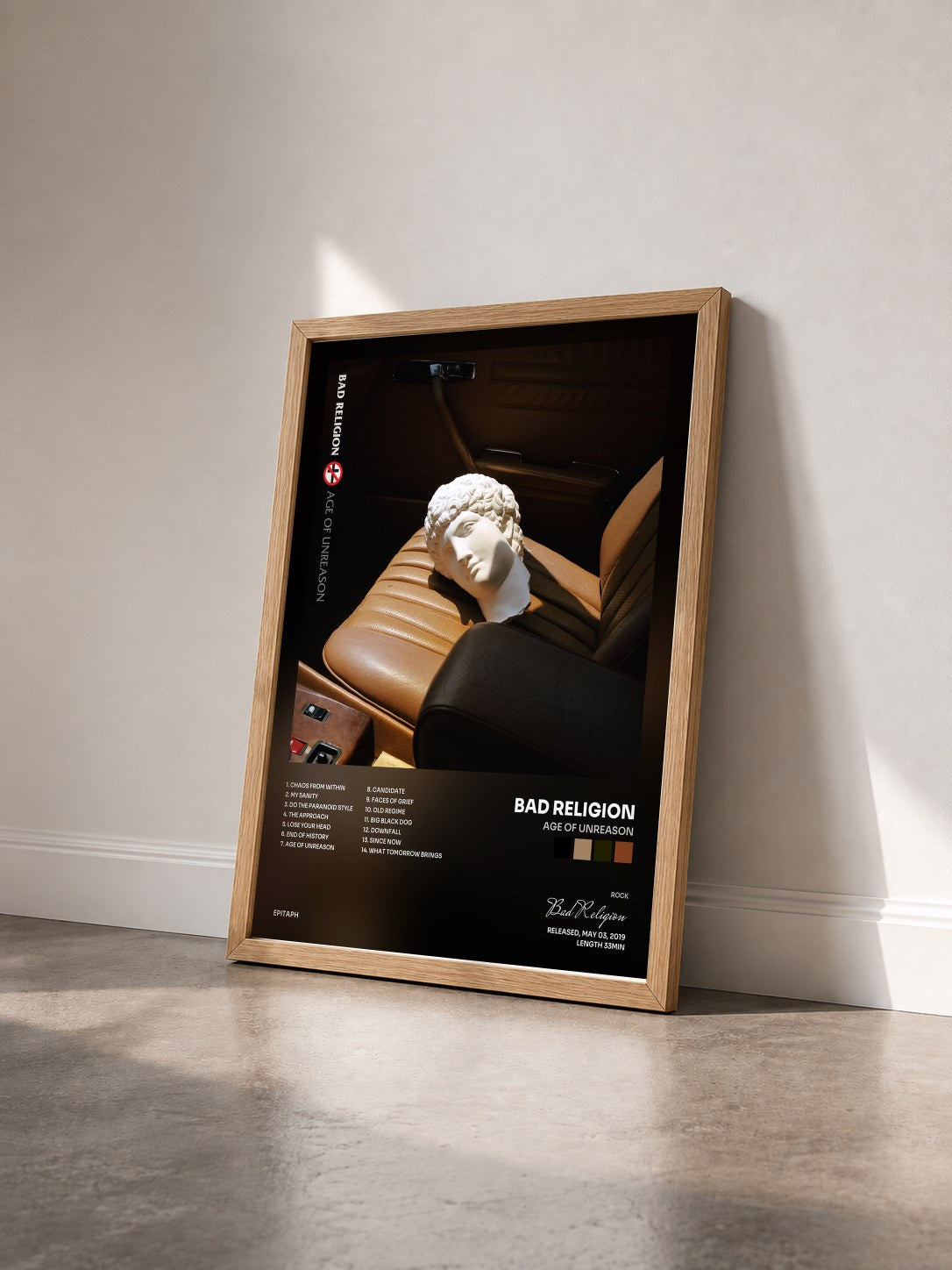 #bois Tableau de l'album Age Of Unreason de Bad Religion vu de trois quarts, cadre en bois brut