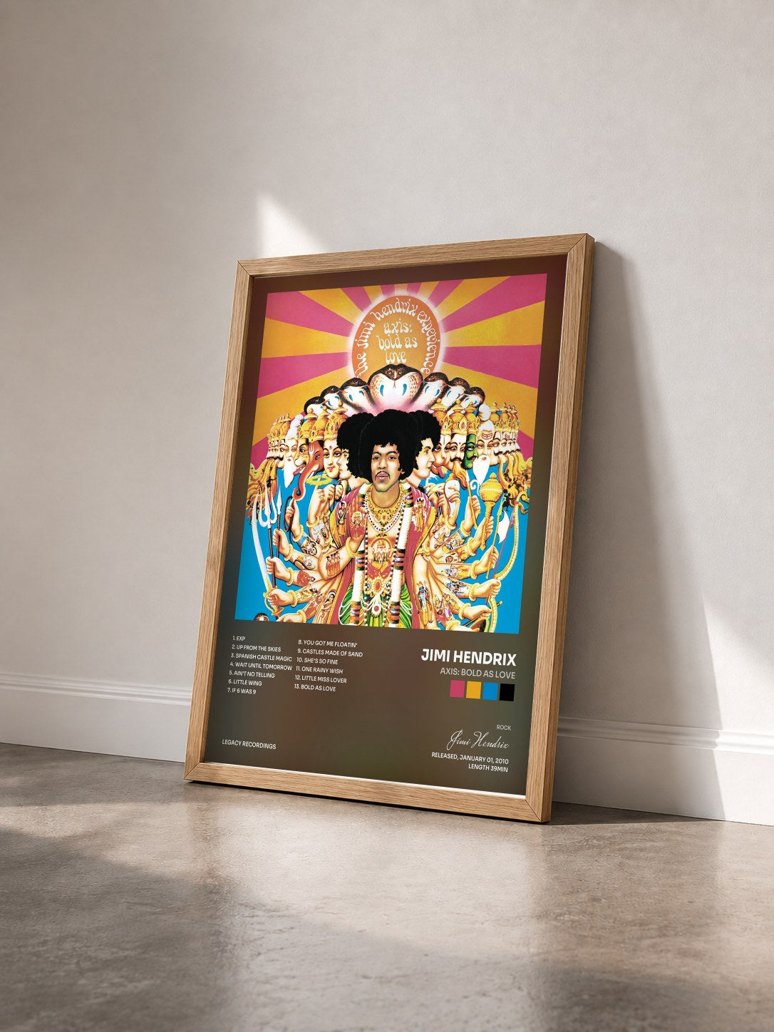 #bois Tableau de l'album Axis: Bold As Love de Jimi Hendrix vu de trois quarts, cadre en bois brut