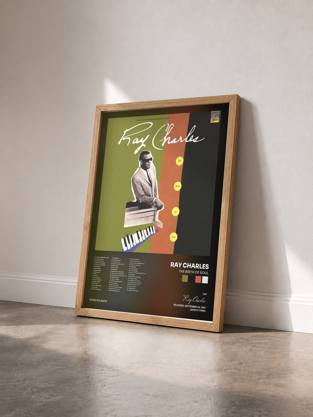 #bois Tableau de l'album The Birth of Soul de Ray Charles vu de trois quarts, cadre en bois brut