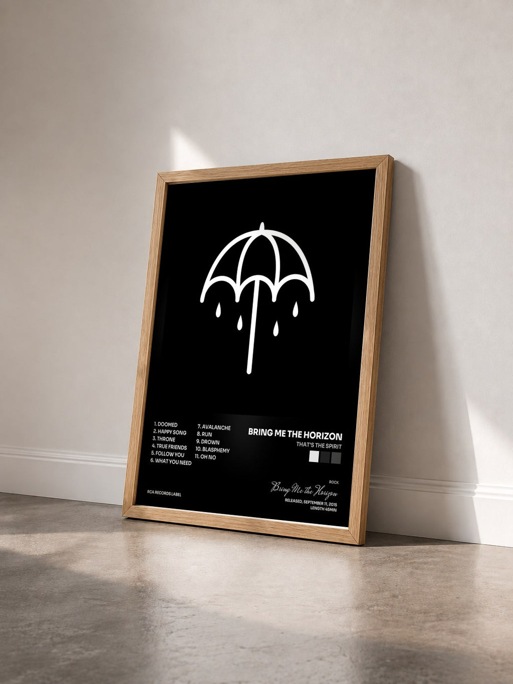 #bois Tableau de l'album That's The Spirit de Bring Me the Horizon vu de trois quarts, cadre en bois brut