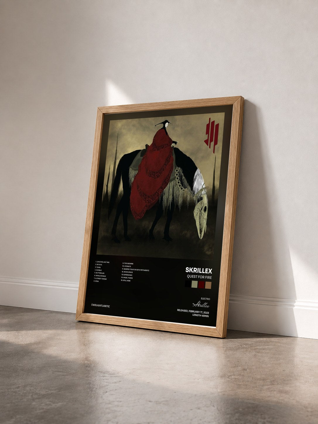 #bois Tableau de l'album Quest For Fire de Skrillex vu de trois quarts, cadre en bois brut