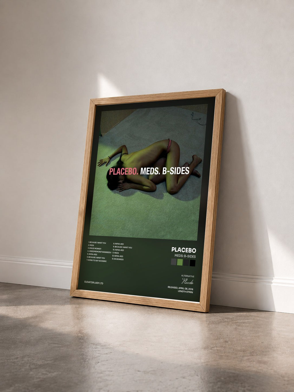 #bois Tableau de l'album Meds: B-Sides de Placebo vu de trois quarts, cadre en bois brut