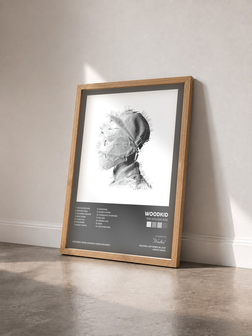 #bois Tableau de l'album The Golden Age de Woodkid vu de trois quarts, cadre en bois brut