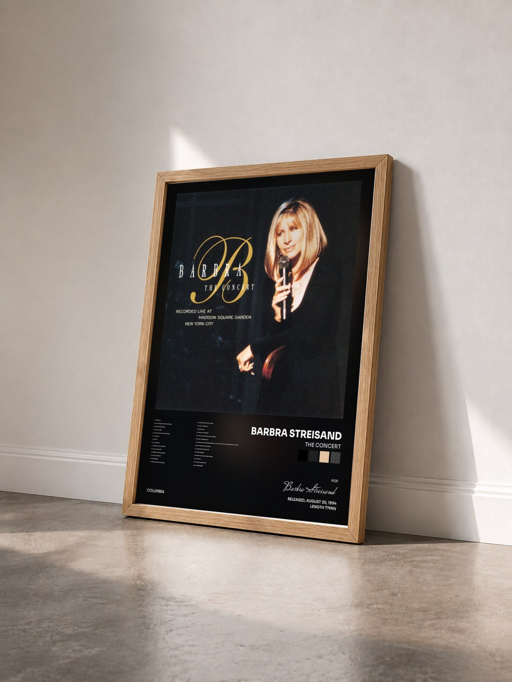 #bois Tableau de l'album The Concert de Barbra Streisand vu de trois quarts, cadre en bois brut
