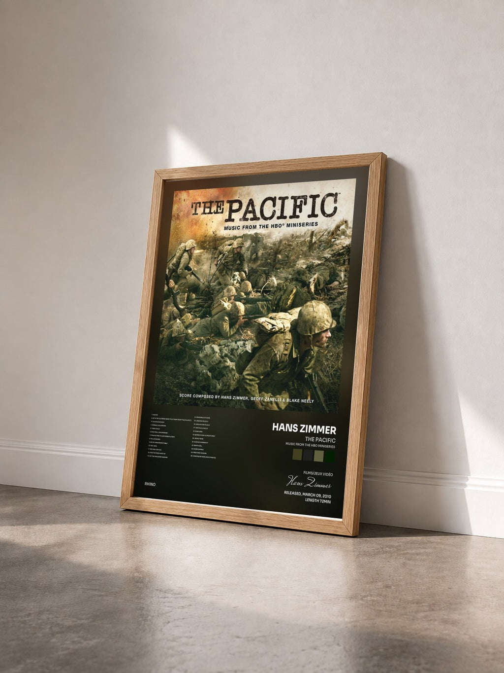 #bois Tableau de l'album The Pacific (Music From the HBO Miniseries) de Hans Zimmer vu de trois quarts, cadre en bois brut