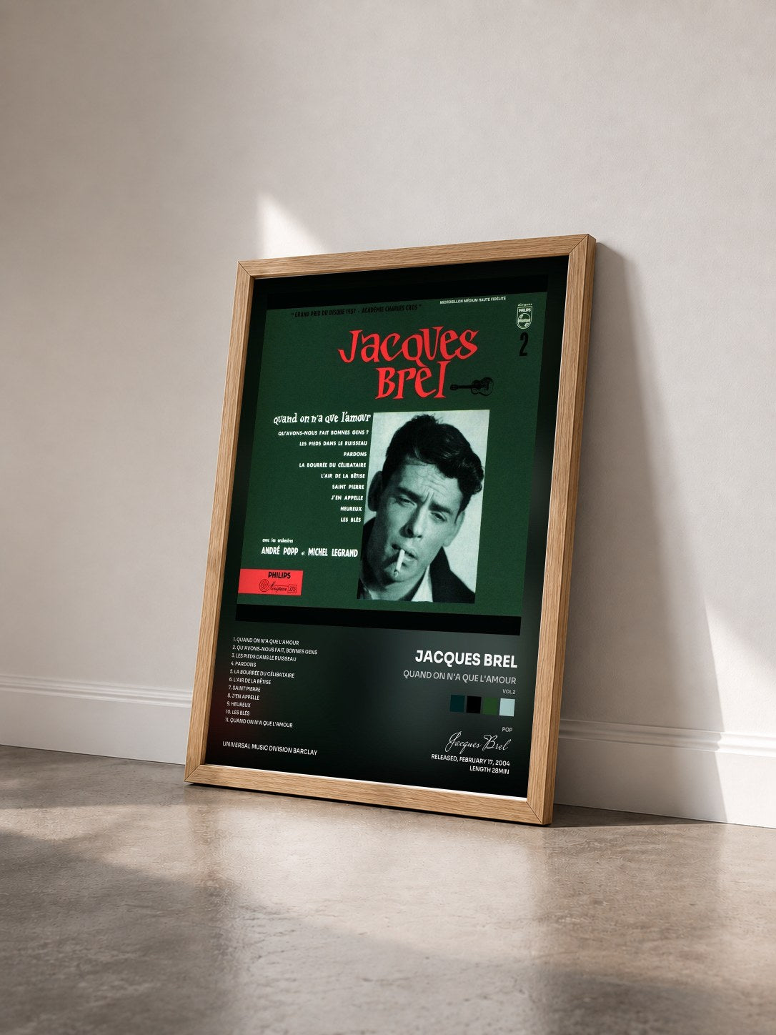 #bois Tableau de l'album Quand On N'A Que L'Amour (Vol.2) de Jacques Brel vu de trois quarts, cadre en bois brut