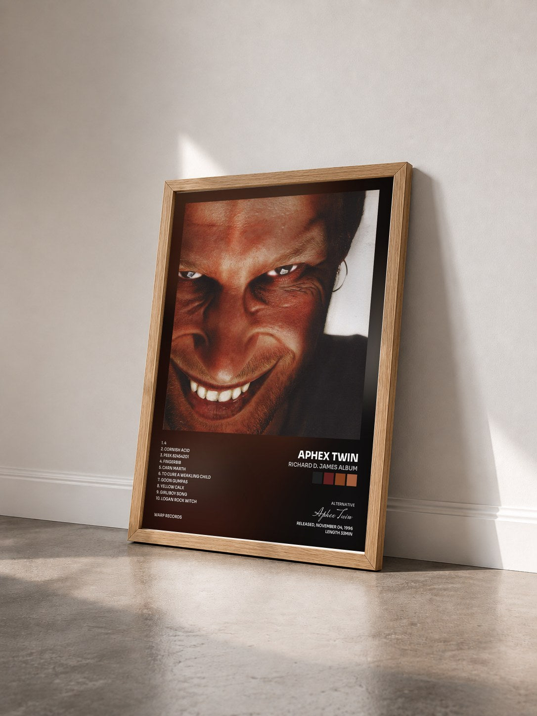 #bois Tableau de l'album Richard D. James Album de Aphex Twin vu de trois quarts, cadre en bois brut