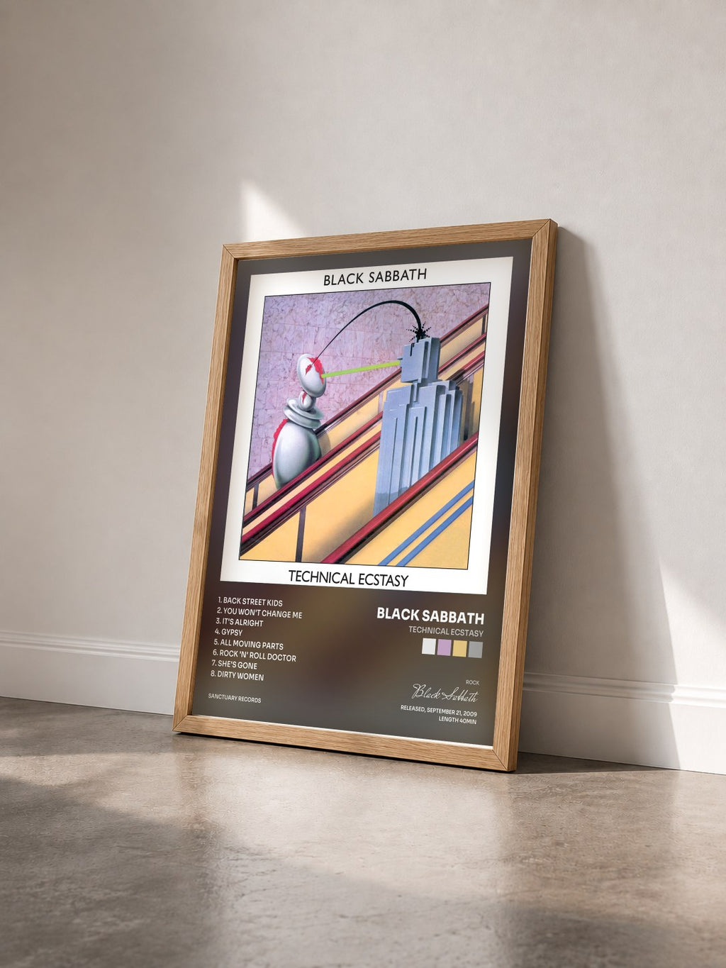 #bois Tableau de l'album Technical Ecstasy de Black Sabbath vu de trois quarts, cadre en bois brut
