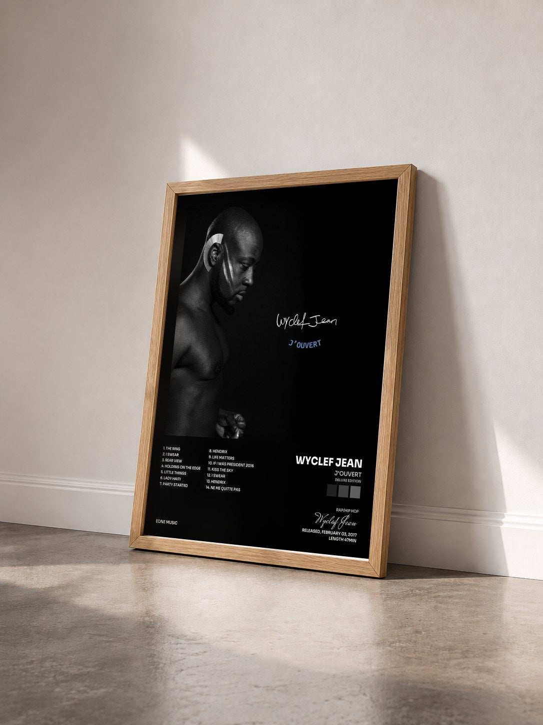 #bois Tableau de l'album J'ouvert (Deluxe Edition) de Wyclef Jean vu de trois quarts, cadre en bois brut