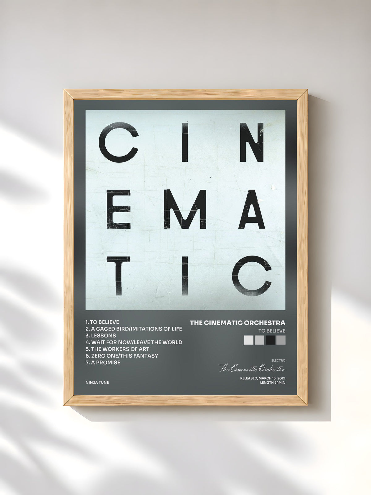 #bois Tableau de l'album To Believe de The Cinematic Orchestra, cadre en bois brut, imprimé et encadré en France