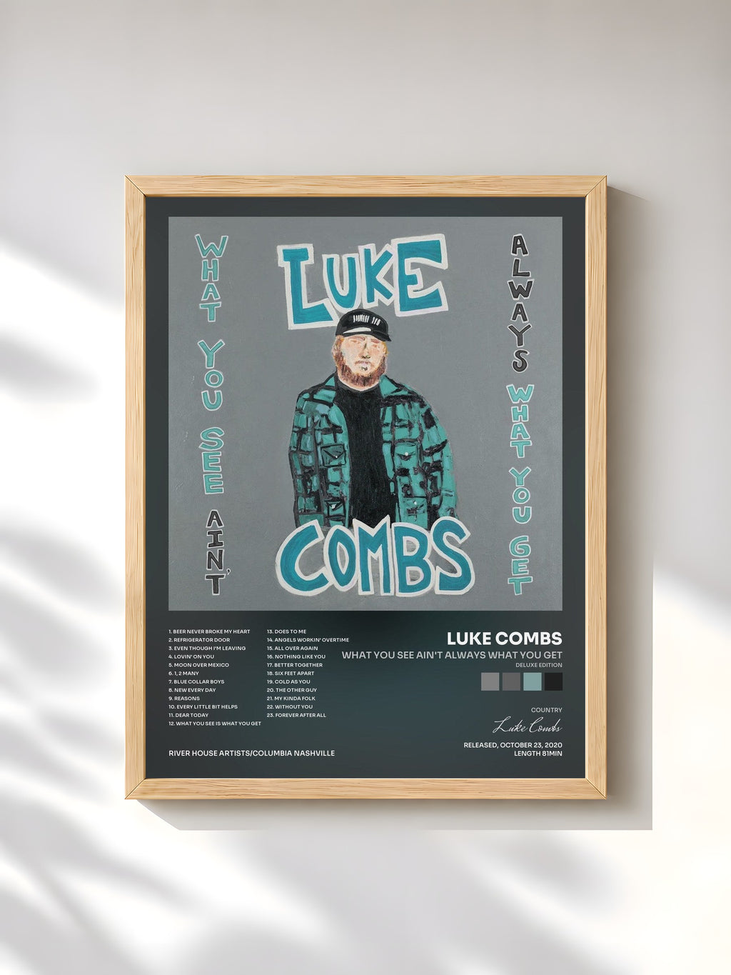 #bois Tableau de l'album What You See Ain't Always What You Get (Deluxe Edition) de Luke Combs, cadre en bois brut, imprimé et encadré en France
