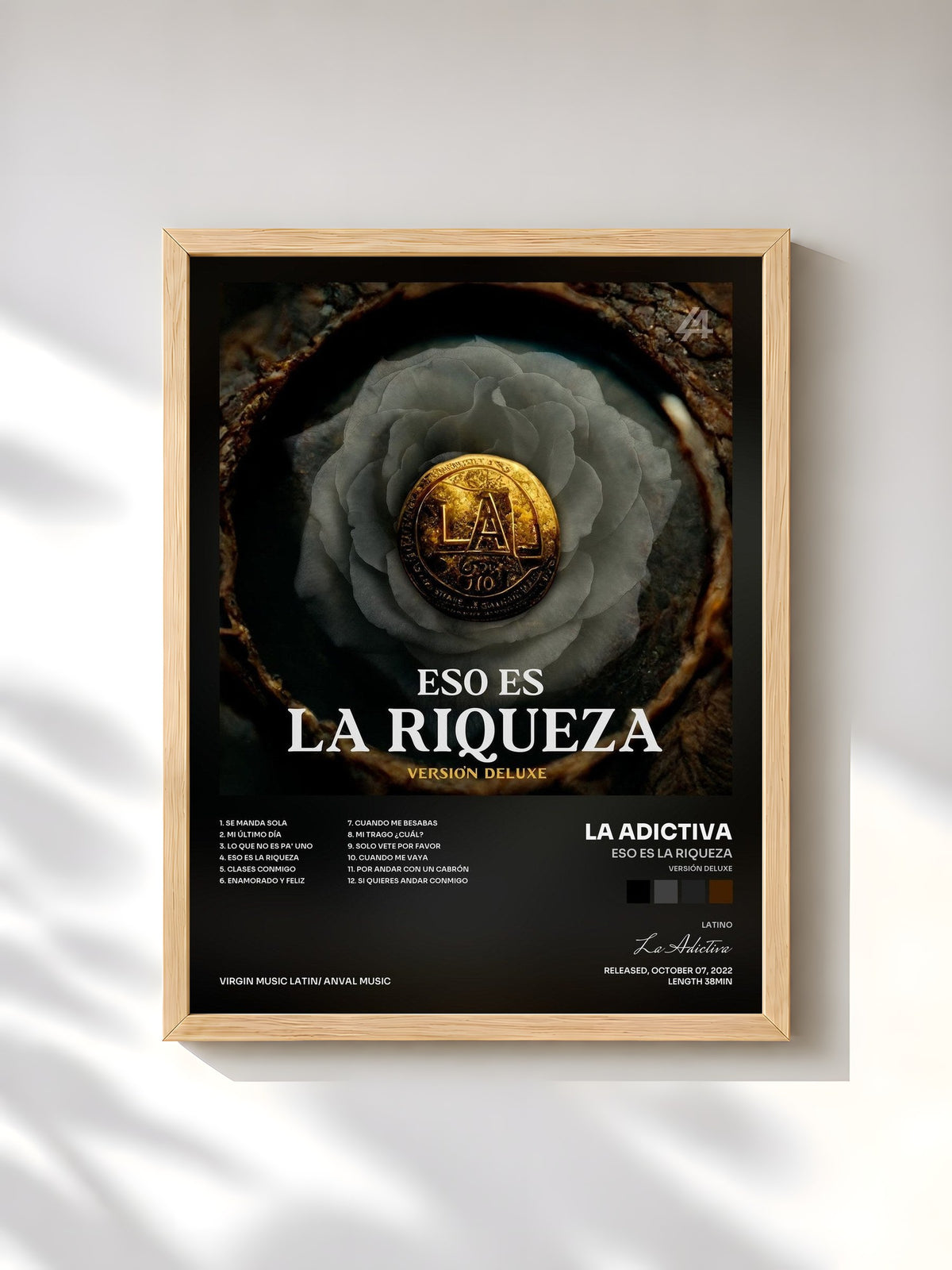#bois Tableau de l'album Eso Es La Riqueza (Versión Deluxe) de La Adictiva, cadre en bois brut, imprimé et encadré en France