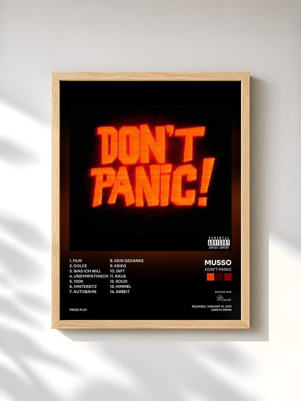 #bois Tableau de l'album Don't Panic de Musso, cadre en bois brut, imprimé et encadré en France