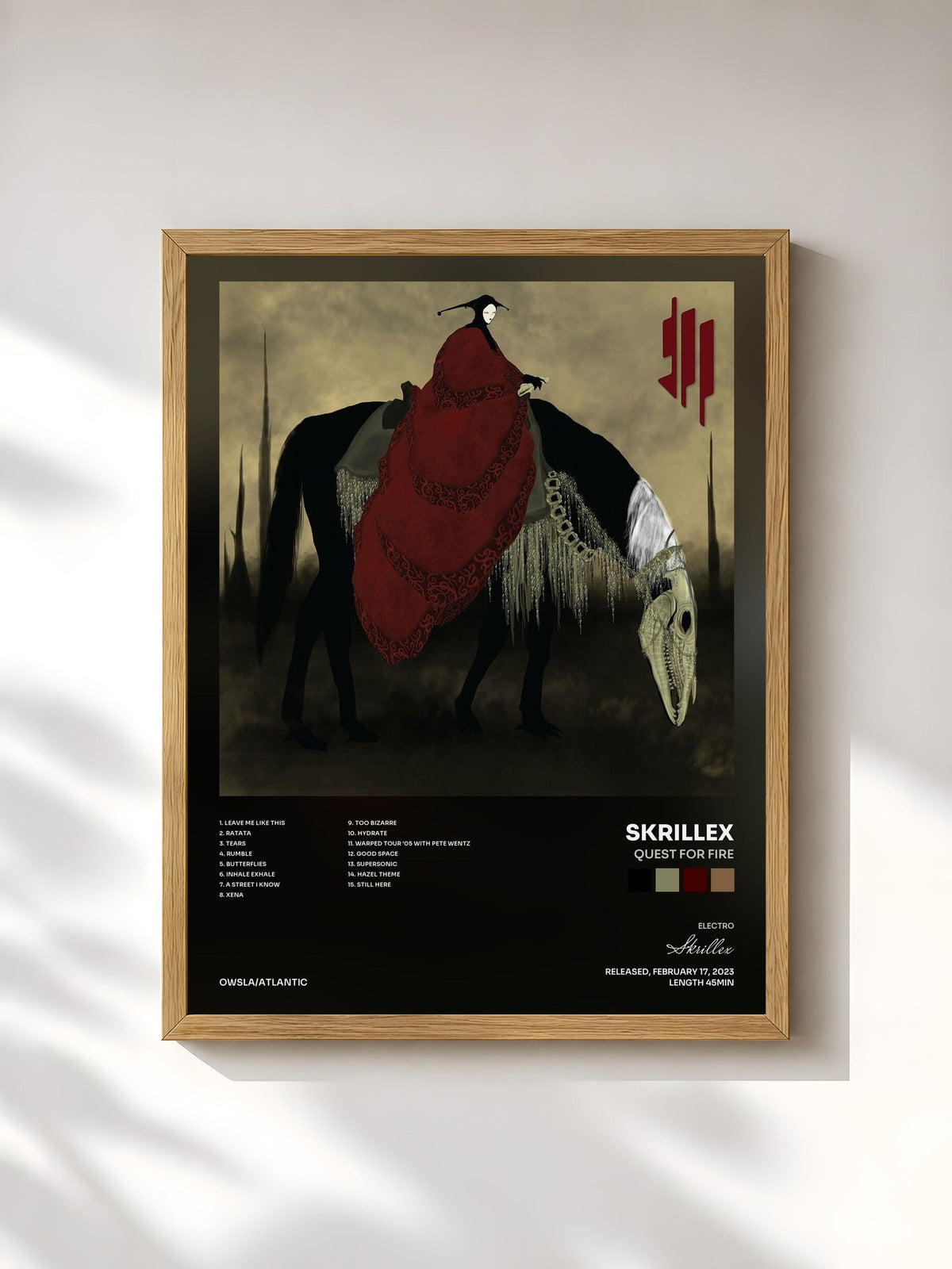 #bois Tableau de l'album Quest For Fire de Skrillex, cadre en bois brut, imprimé et encadré en France