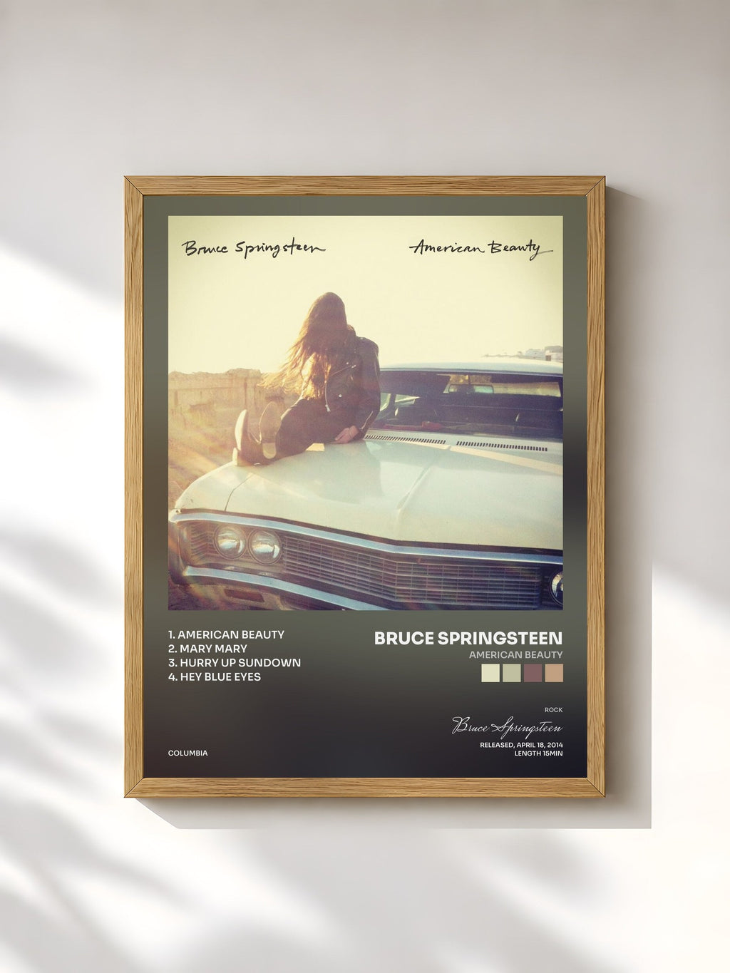 #bois Tableau de l'album American Beauty de Bruce Springsteen, cadre en bois brut, imprimé et encadré en France
