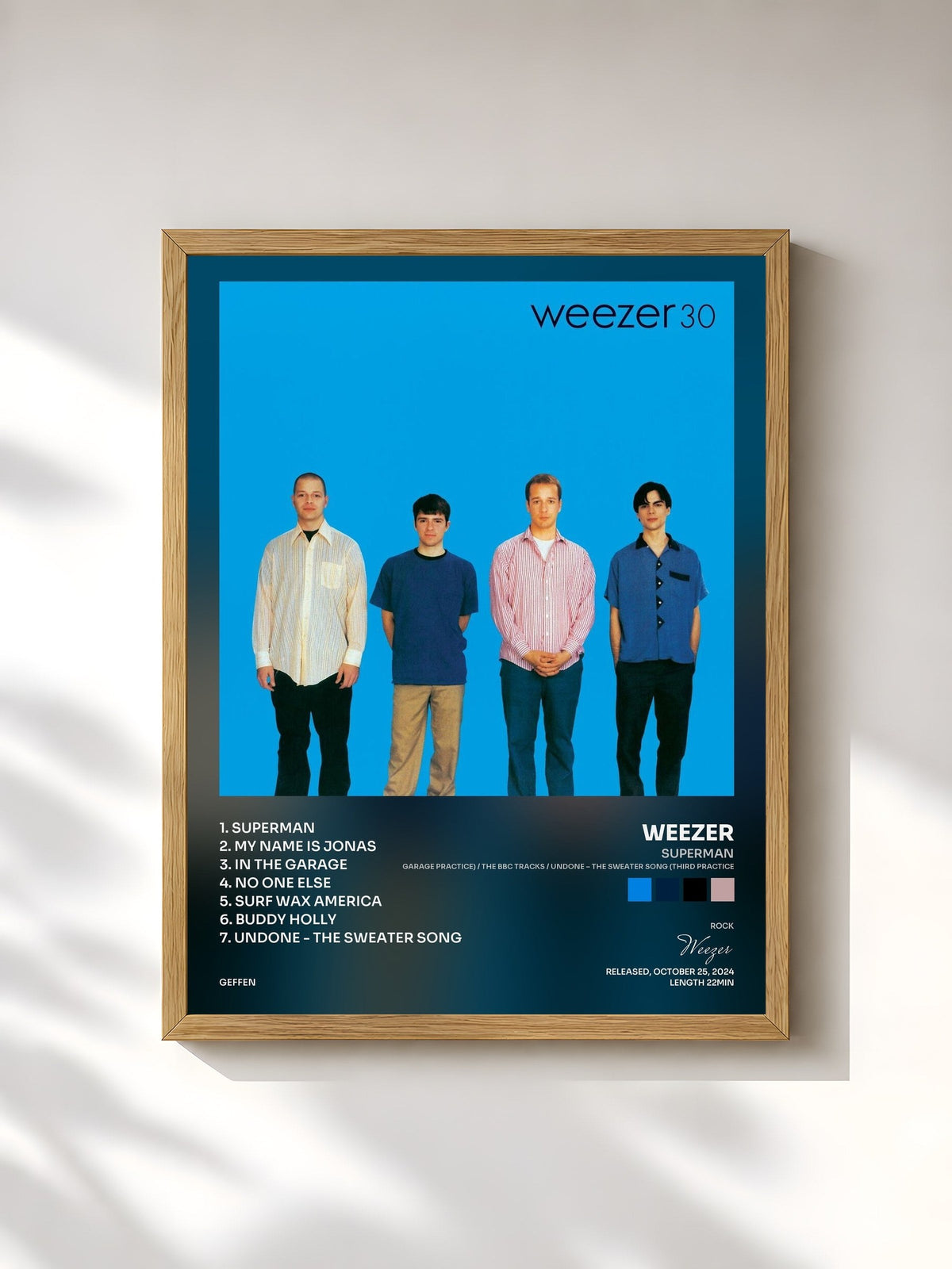 #bois Tableau de l'album Superman (Garage Practice) / The BBC Tracks / Undone – The Sweater Song (Third Practice) de Weezer, cadre en bois brut, imprimé et encadré en France