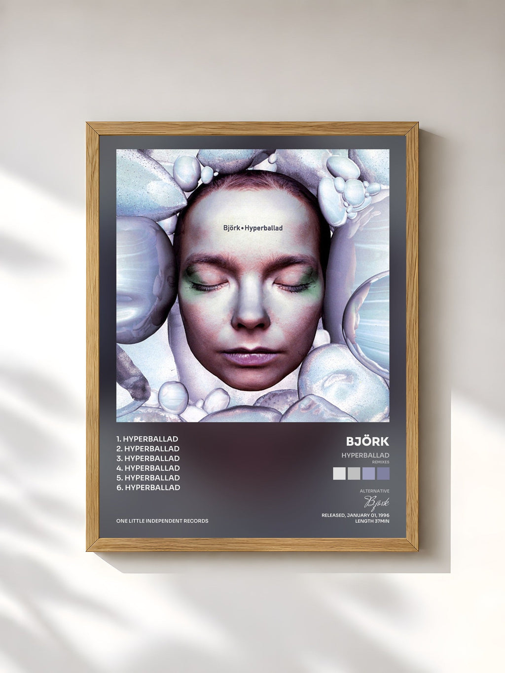 #bois Tableau de l'album Hyperballad (Remixes) de Björk, cadre en bois brut, imprimé et encadré en France