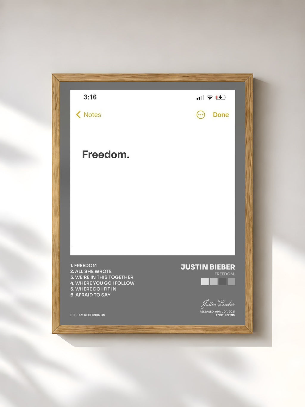 #bois Tableau de l'album Freedom. de Justin Bieber, cadre en bois brut, imprimé et encadré en France