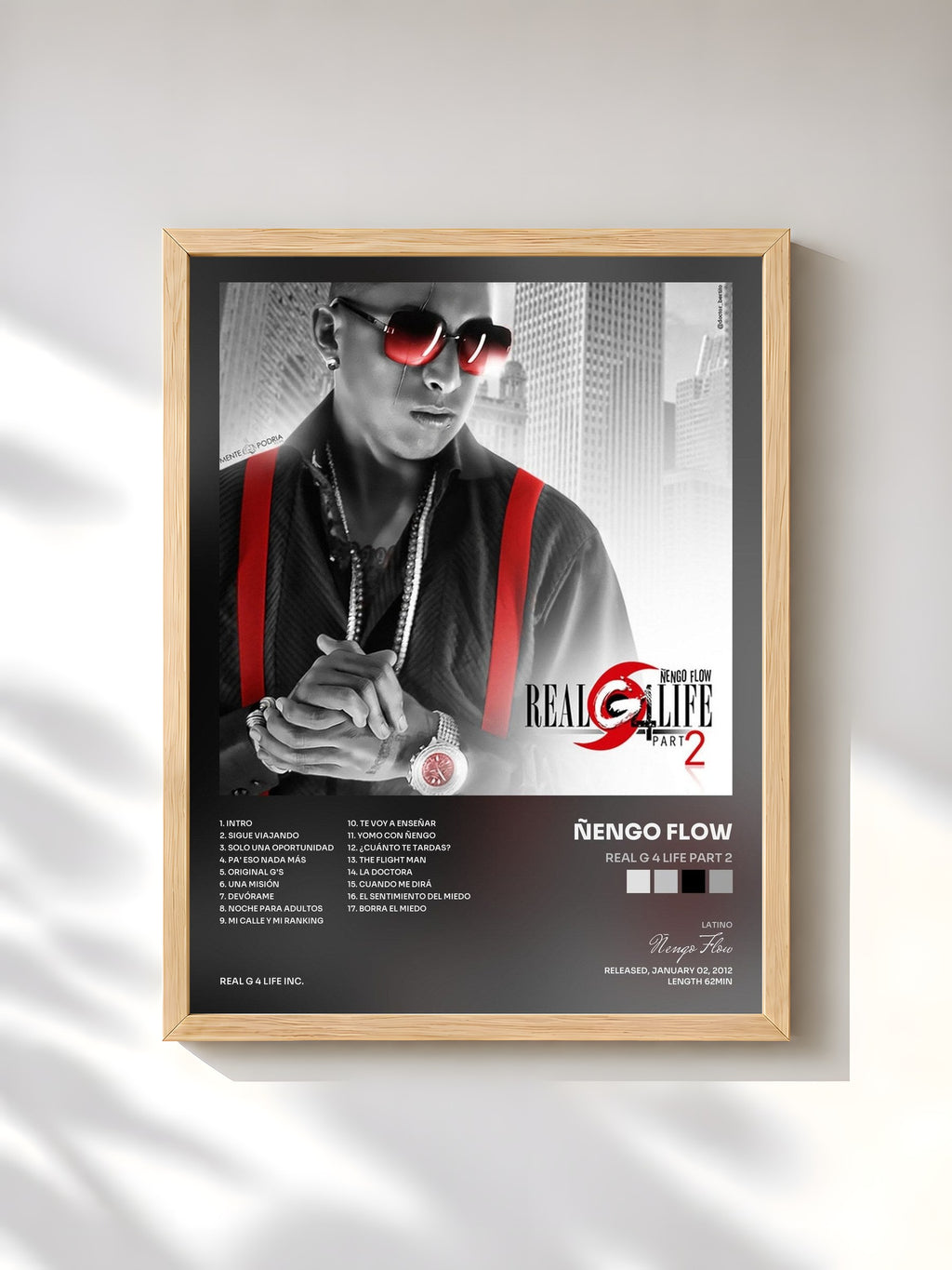 #bois Tableau de l'album Real G 4 Life Part 2 de Ñengo Flow, cadre en bois brut, imprimé et encadré en France